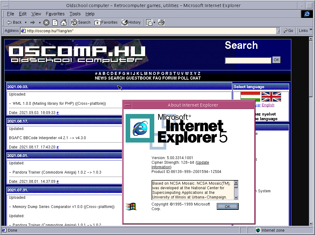 IE5 for UNIX on oscomp.hu with about dialog